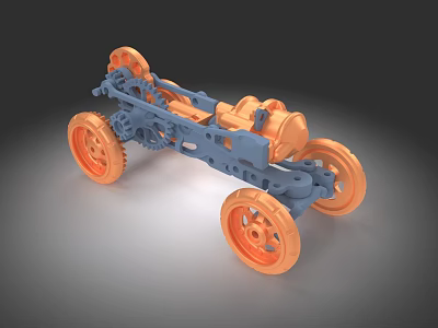 Electric Toy Car With Blue Frame And Orange Wheels Detailed Mechanical Structure 3d model