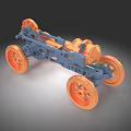 Electric Toy Car With Blue Frame And Orange Wheels Detailed Mechanical Structure
