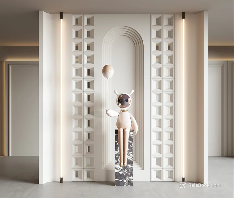 Modern Entryway Hallway with Geometric Patterned Walls Astronaut Figure on Marble Pedestal and Decorative Balloon 3d model 