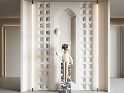 Modern Entryway Hallway with Geometric Patterned Walls Astronaut Figure on Marble Pedestal and Decorative Balloon 3d model