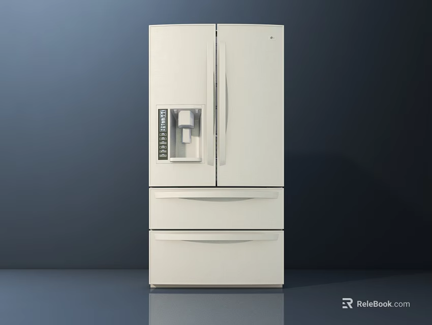 Modern White Refrigerator with Double Doors Digital Control Panel and Bottom Freezer Drawers 3d model 