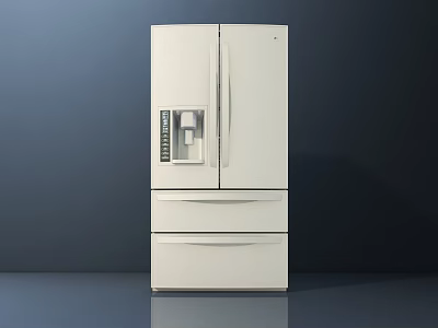 Modern White Refrigerator with Double Doors Digital Control Panel and Bottom Freezer Drawers 3d model