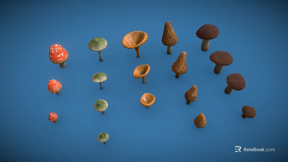 Diverse Mushroom Collection With Various Shapes Colors And Sizes On Blue Background 3d model 