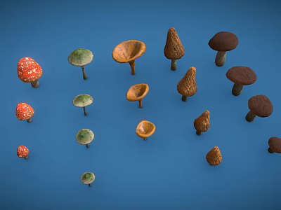 Diverse Mushroom Collection With Various Shapes Colors And Sizes On Blue Background 3d model