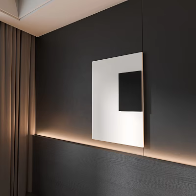 Modern Indoor Wall Decor With Black Surface White Square Panel Brown Curtain And LED Lighting 3d model