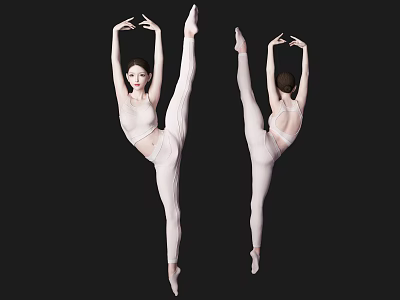 Woman In White Outfit Performing High Leg Lift Front And Back View Against Black Background 3d model