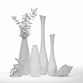 Decorative Ornament Set With Turquoise Cracked Vases Green Foliage Deer Figurine And Seashell
