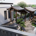 Chinese Style Courtyard Garden with Tile Roof Pergola Stone Railings and Lush Plants