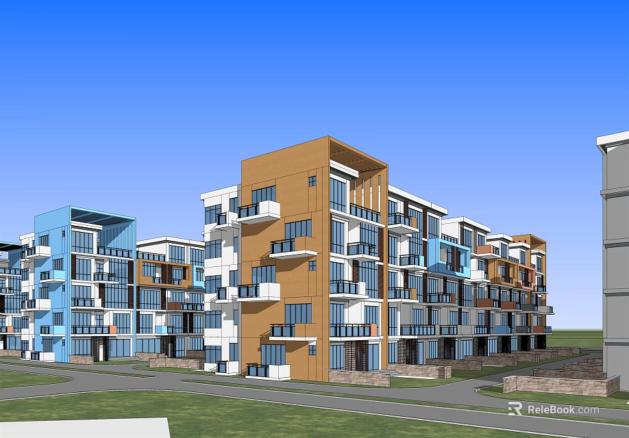 Modern Residential Multi story Apartment Complex With Blue Orange White Facades Balconies And Green Lawn 3d model 