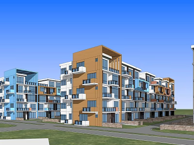 Modern Residential Multi story Apartment Complex With Blue Orange White Facades Balconies And Green Lawn 3d model