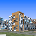 Modern Residential Multi story Apartment Complex With Blue Orange White Facades Balconies And Green Lawn