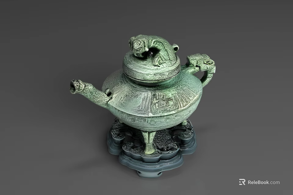 Antique Bronze Ornamental Decorative Set With Dragon Design Intricate Carvings And Three Legged Base Stand 3d model 