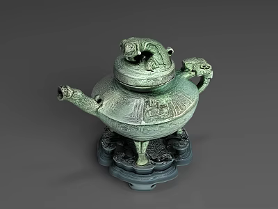 Antique Bronze Ornamental Decorative Set With Dragon Design Intricate Carvings And Three Legged Base Stand 3d model