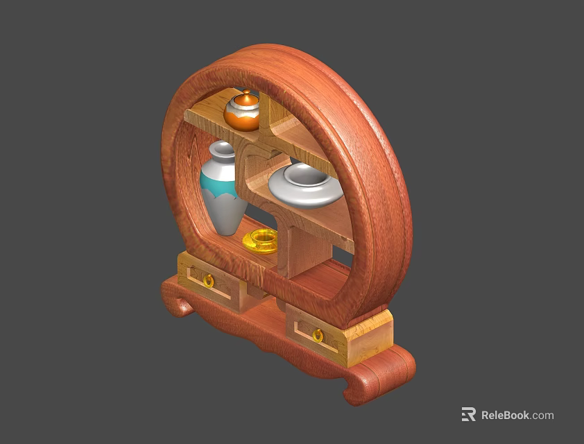 Traditional Wooden Circular Display Shelf With Blue White Bottle Plate Golden Coin And Small Drawers 3d model 