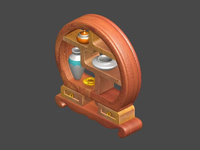 Traditional Wooden Circular Display Shelf With Blue White Bottle Plate Golden Coin And Small Drawers 3d model