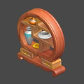 Traditional Wooden Circular Display Shelf With Blue White Bottle Plate Golden Coin And Small Drawers