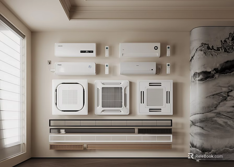 Assorted Wall Mounted Air Conditioners And Fans Display In Modern Interior 3d model 
