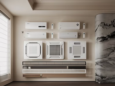 Assorted Wall Mounted Air Conditioners And Fans Display In Modern Interior 3d model