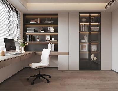 Modern Home Office Interior Design With Wooden Desk White Office Chair And Glass Door Bookshelves 3d model