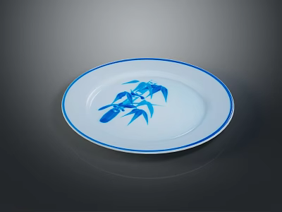 Blue Bamboo Sculpture Design On White Ceramic Plate With Blue Rim And Smooth Surface 3d model