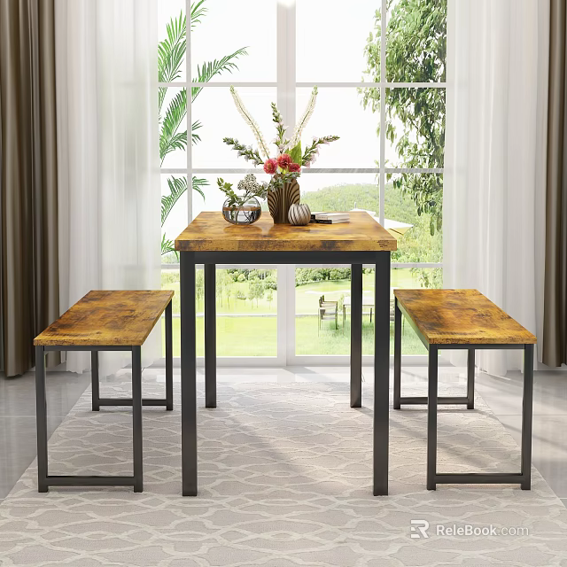 Charming Restaurant Interior With Wooden Table Benches Flower Vase Large Windows And Green Plants Outside 3d model 