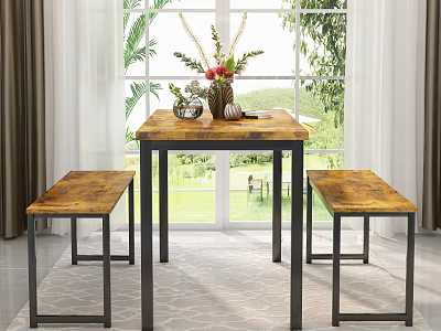 Charming Restaurant Interior With Wooden Table Benches Flower Vase Large Windows And Green Plants Outside 3d model