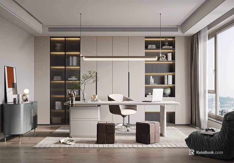 Modern Study Room Interior Design With Bookshelves Desk Chair And Pendant Lights 3d model 