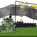 Park Landscape With Golden Arched Decoration Illuminated Lines Lawn Tent Black Carpet Path And Lights