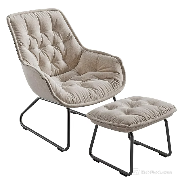 Modern Padded Lounge Chair With Velvet Fabric And Matching Ottoman Metal Frame 3d model 