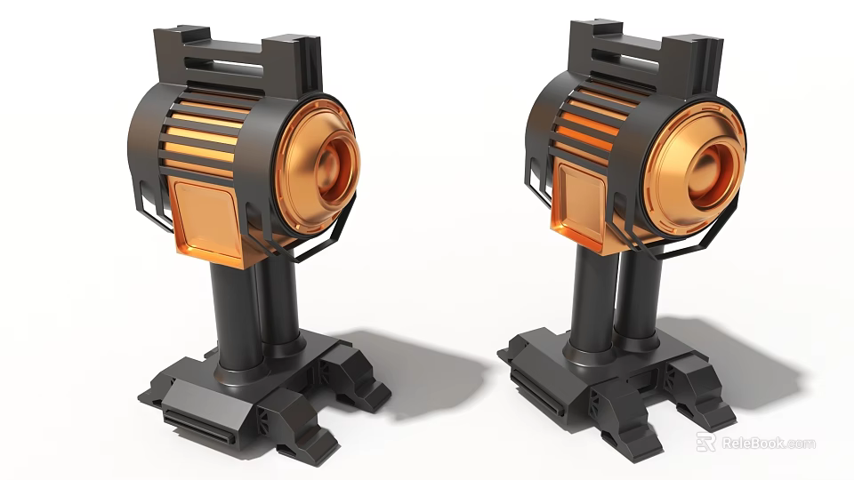 Two Black And Copper Industrial Equipment With Cylindrical Main Body And Base Stand 3d model 