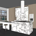 Modern Kitchen Interior With Marble Island Countertop Wooden Cabinets and Range Hood