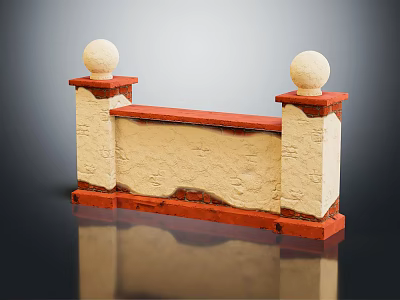 Symmetrical Decorative Railing with White Spherical Tops Red Edges and Beige Panel Architectural Decor Piece 3d model