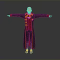 Man in black robe red yellow striped scarf red vest blue sneakers with arms outstretched