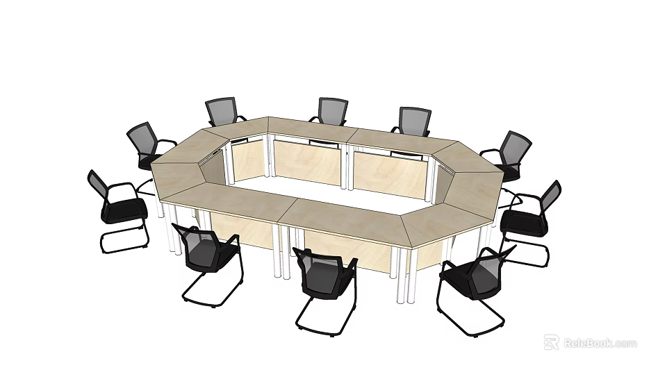 Modern Octagonal Conference Table with Black Office Chairs in Meeting Room 3d model 