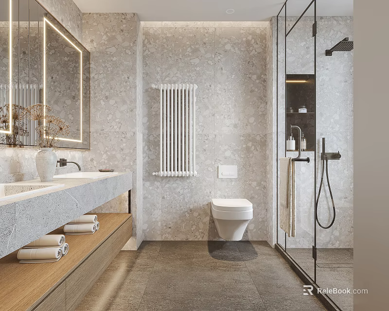 Modern Bathroom Interior With Marble Texture Walls Double Sink Vanity Mirror And Glass Shower Enclosure 3d model 