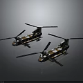 Two Camouflage Helicopters Displayed on Black Background With Distinct Reflection