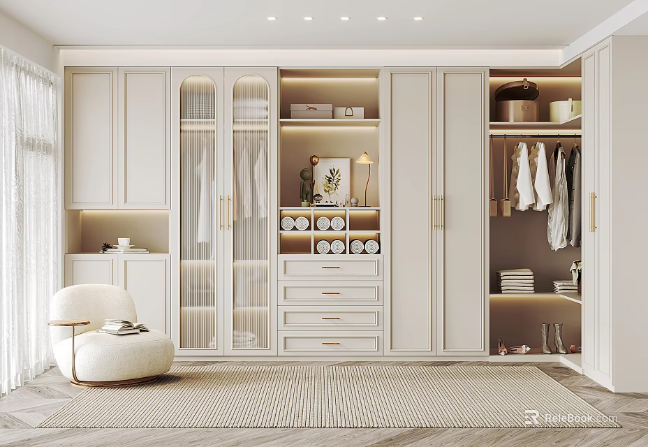 Modern Walk In Closet Interior With White Cabinets And Chair 3d model 