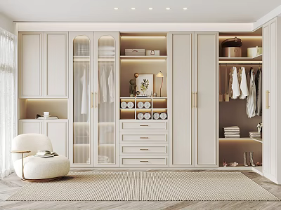 Modern Walk In Closet Interior With White Cabinets And Chair 3d model