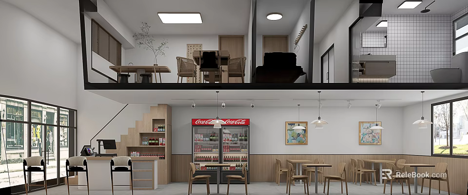 Two Level Restaurant Interior With Dining Tables Chairs Beverage Cooler And Decorative Paintings 3d model 