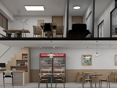 Two Level Restaurant Interior With Dining Tables Chairs Beverage Cooler And Decorative Paintings 3d model