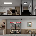 Two Level Restaurant Interior With Dining Tables Chairs Beverage Cooler And Decorative Paintings