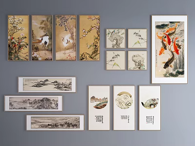 Traditional Chinese Landscape Paintings With Scroll Art Flowers Birds Fish Wall 3d model