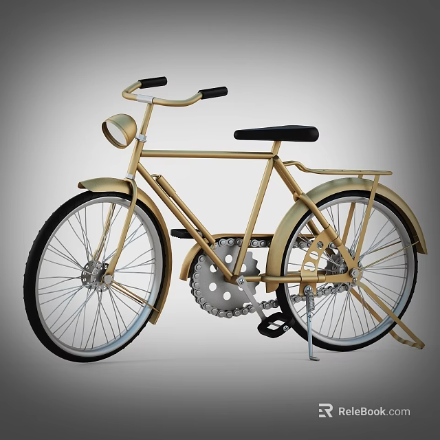 Vintage Gold Bicycle With Black Seat Handlebars Front Headlight And Classic Wheels 3d model 