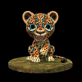 Cheetah Cub Doll with Colorful Patterns Big Blue Eyes Sitting on Decorative Base