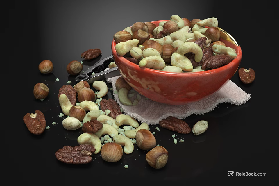 Mixed Nuts in Red Bowl with Scattered Nuts and Small Tongs 3d model 