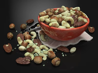 Mixed Nuts in Red Bowl with Scattered Nuts and Small Tongs 3d model