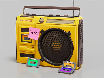 Yellow Vintage Boombox Radio with Cassette Tapes and My Mix Note 3d model