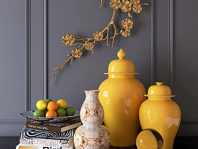 Decorative Ornament Set With Golden Plum Blossom Yellow Ceramic Jars And White Patterned Vase 3d model
