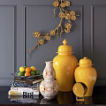 Decorative Ornament Set With Golden Plum Blossom Yellow Ceramic Jars And White Patterned Vase