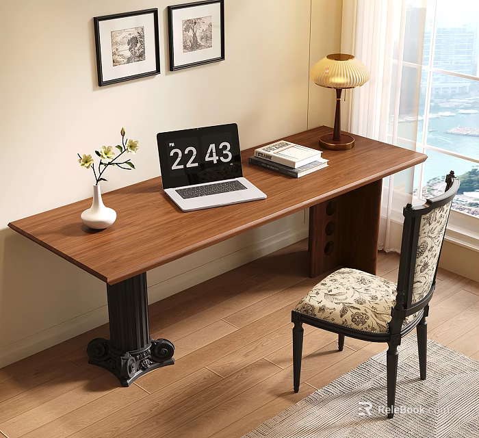 Wooden Writing Desk with Laptop Vase Books and Table Lamp Near Window and Chair 3d model 